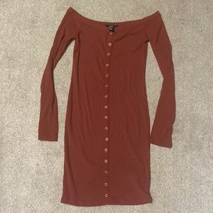 Forever 21 Rust Ribbed Button Down Off The Shoulder Long Sleeve Dress Size M